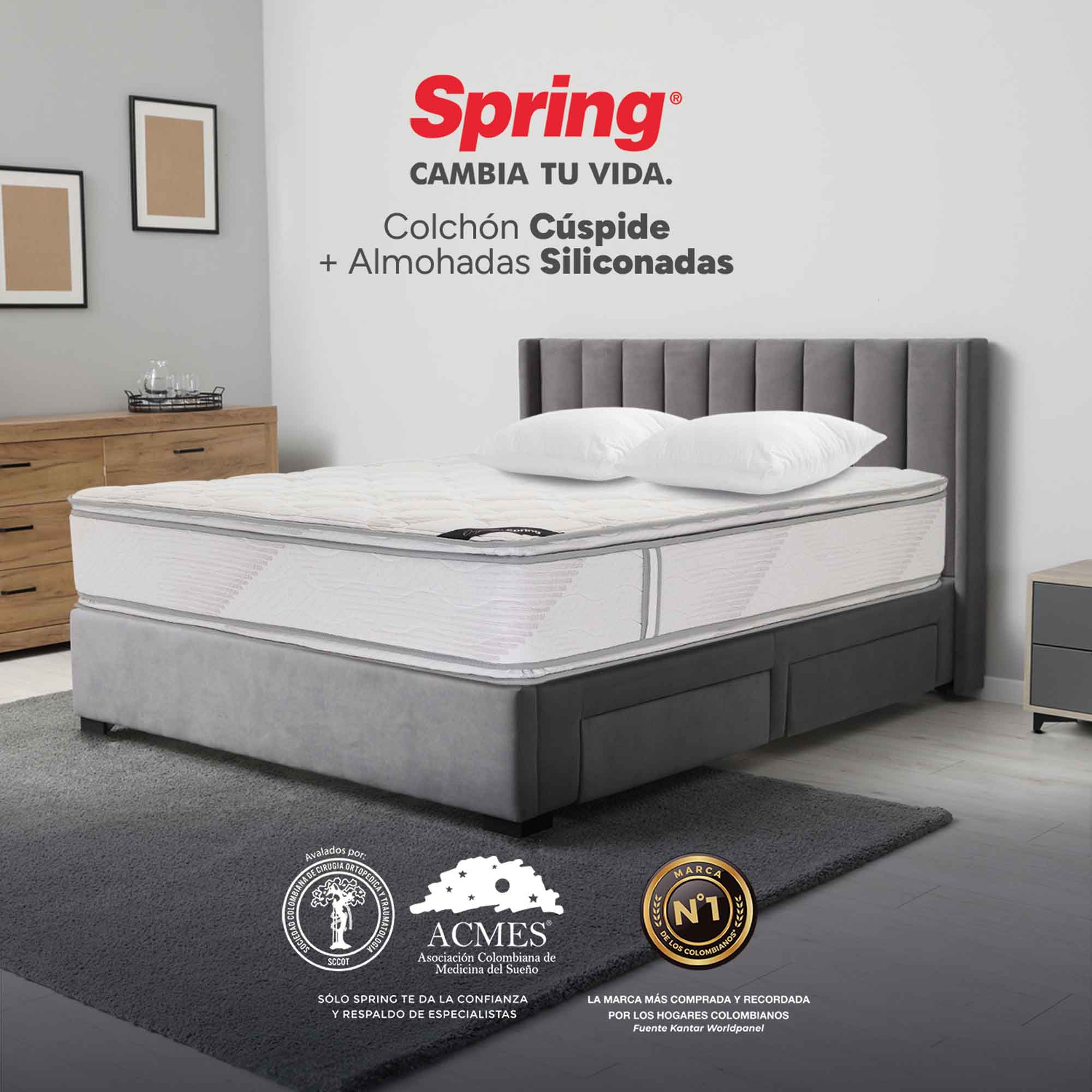 Colchón Spring Cúspide + Almohadas Set Siliconadas