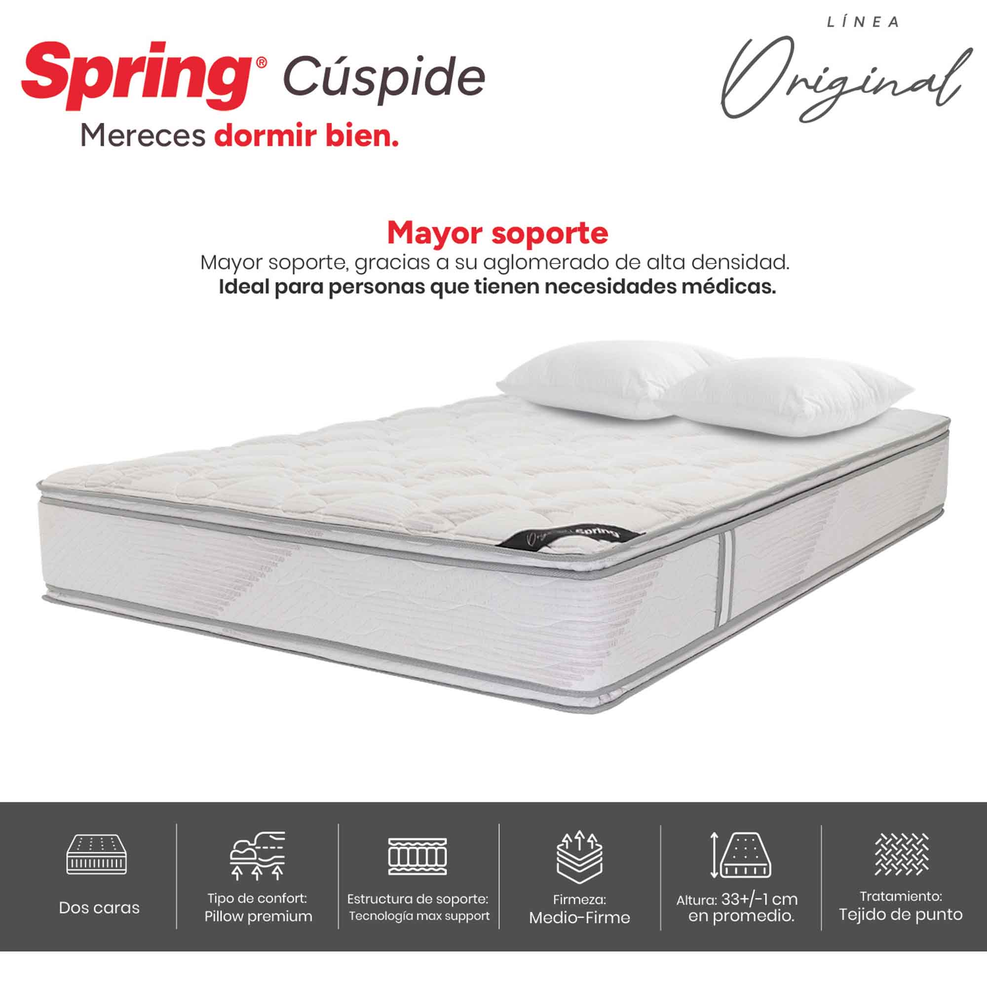 Colchón Spring Cúspide + Almohadas Set Siliconadas