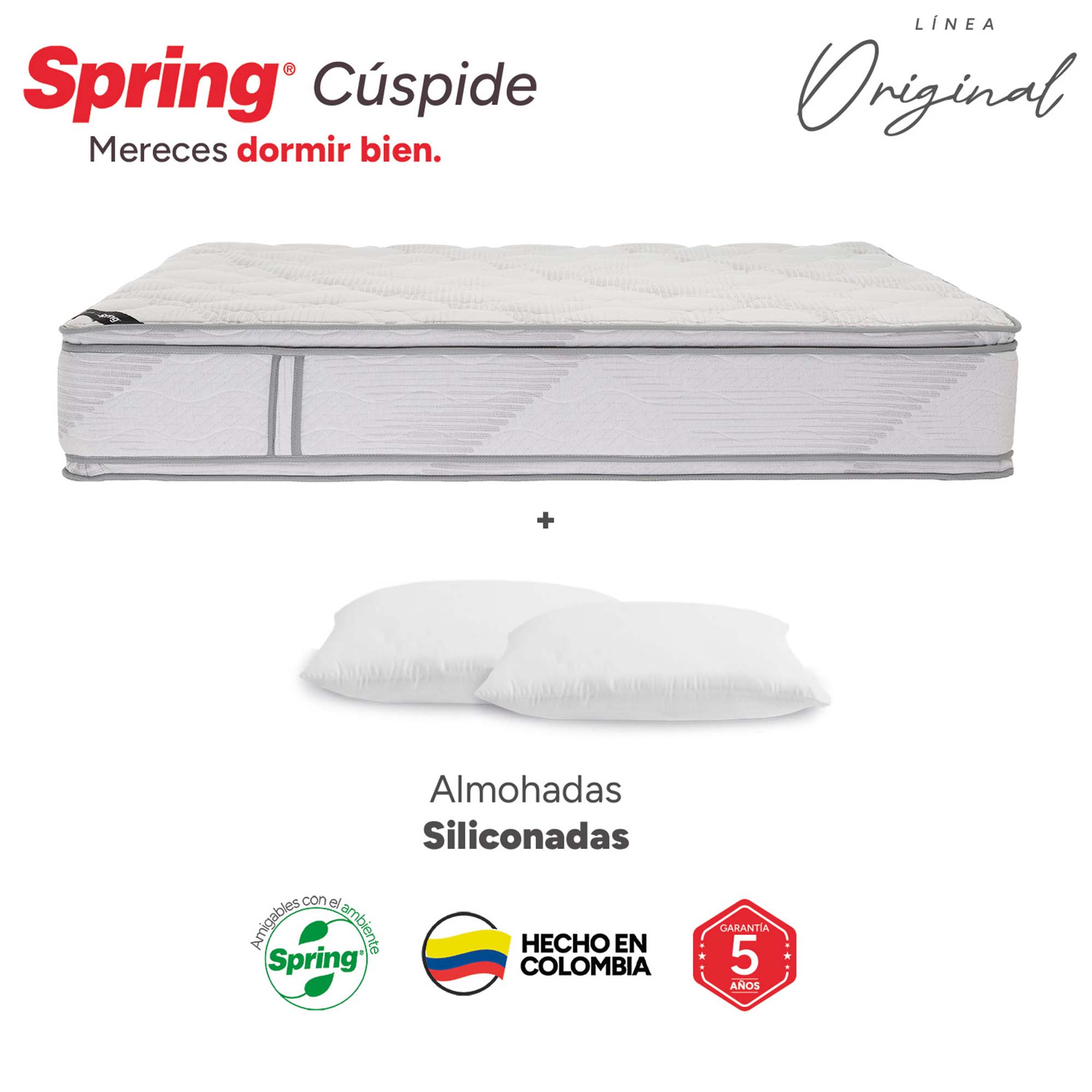 Colchón Spring Cúspide + Almohadas Set Siliconadas
