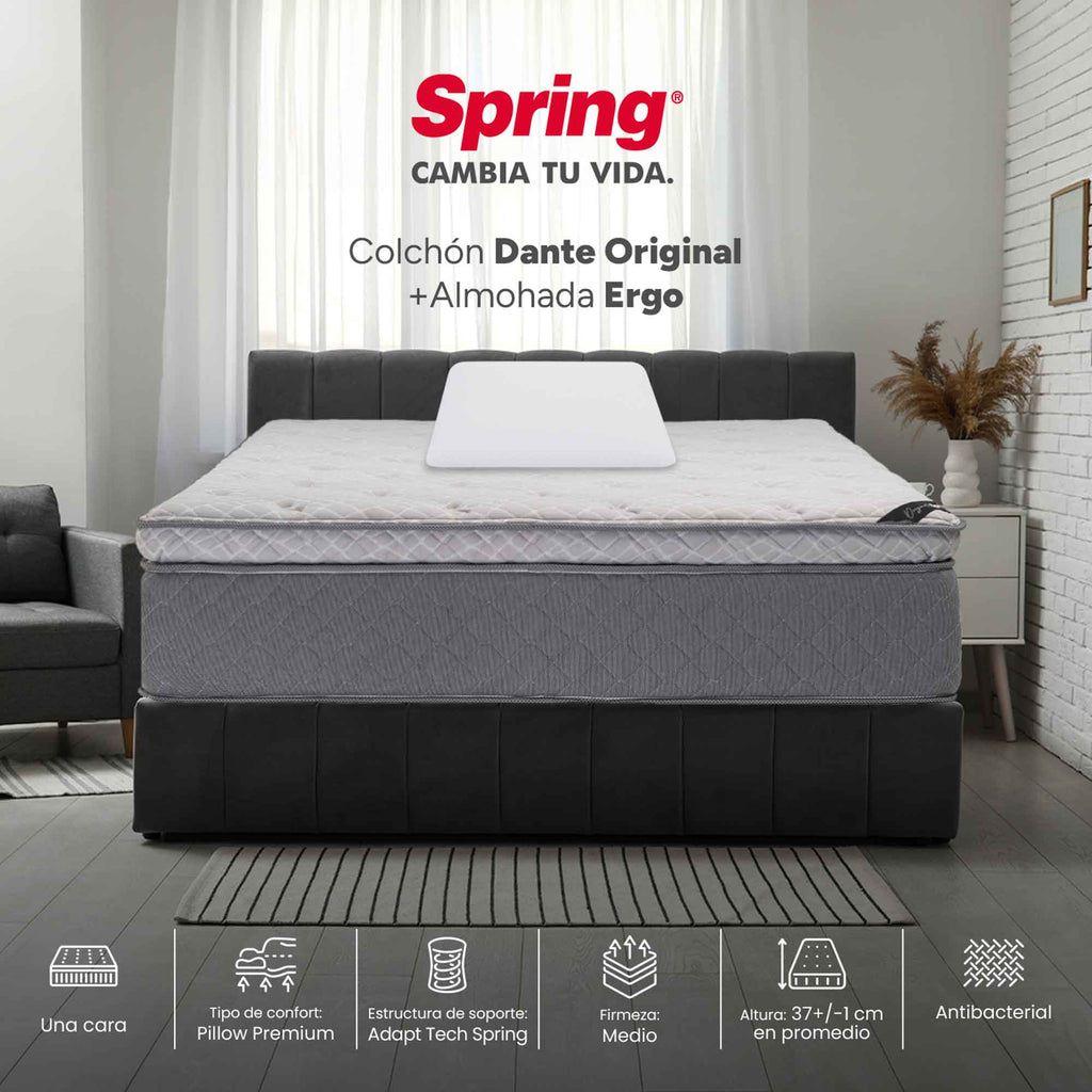 Colchón Spring Dante Original + Almohadas Set Siliconadas