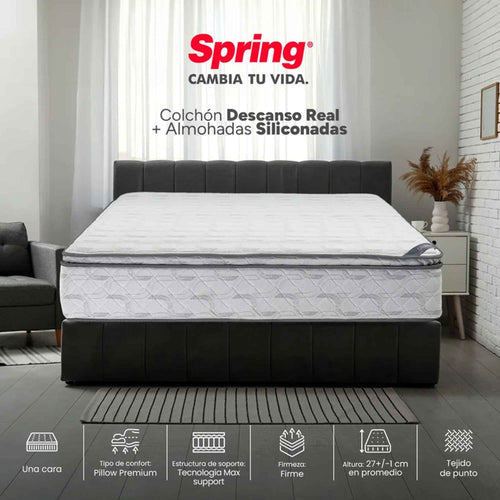 Colchón Spring Descanso Real + Almohadas Set Siliconadas
