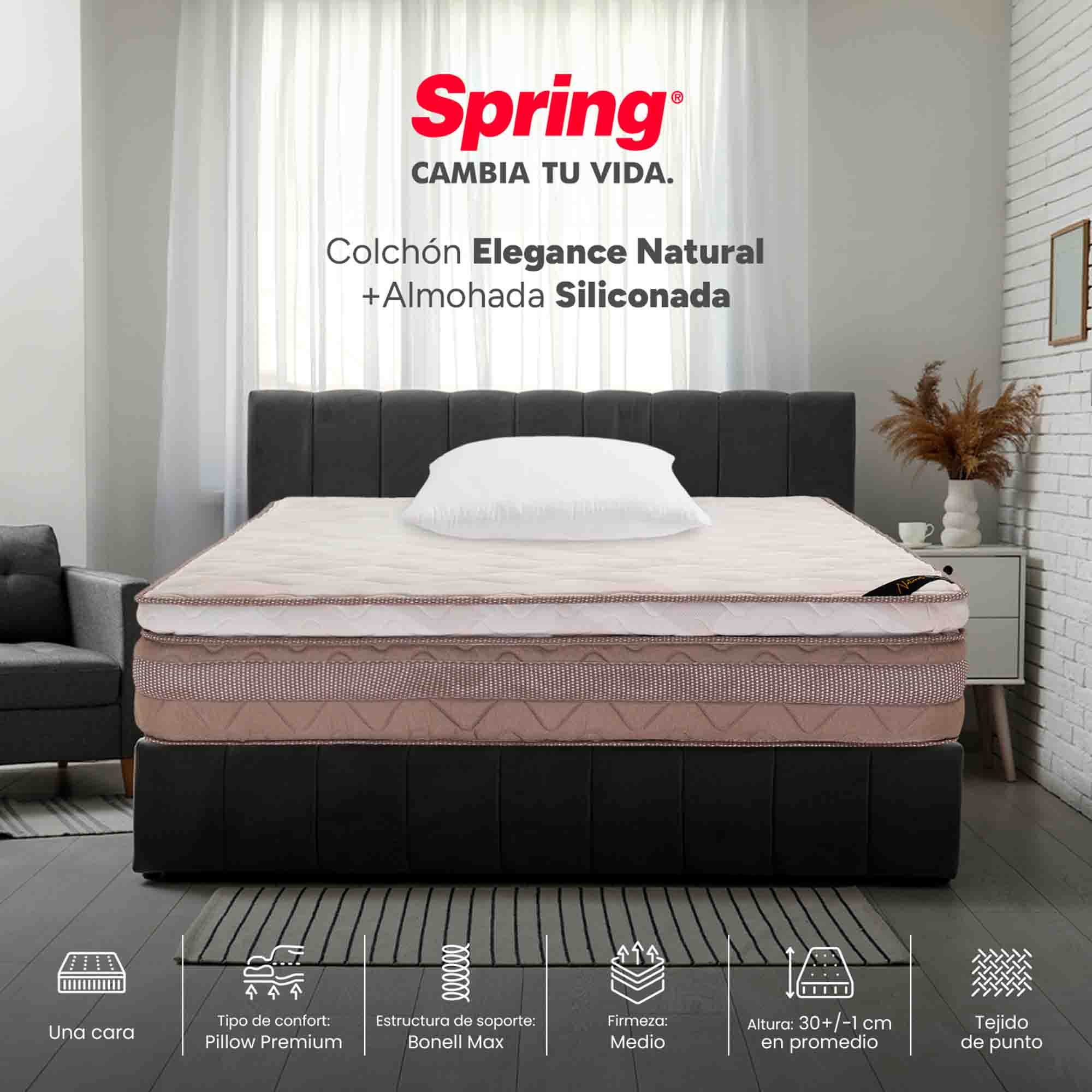 Colchón Spring Elegance Natural + Almohadas Set Siliconadas