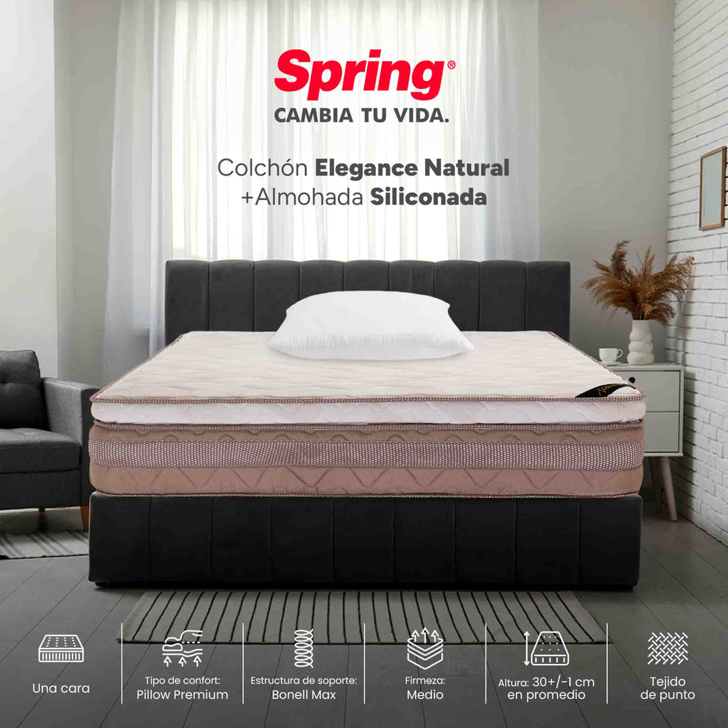Colchón Spring Elegance Natural + Almohadas Set Siliconadas