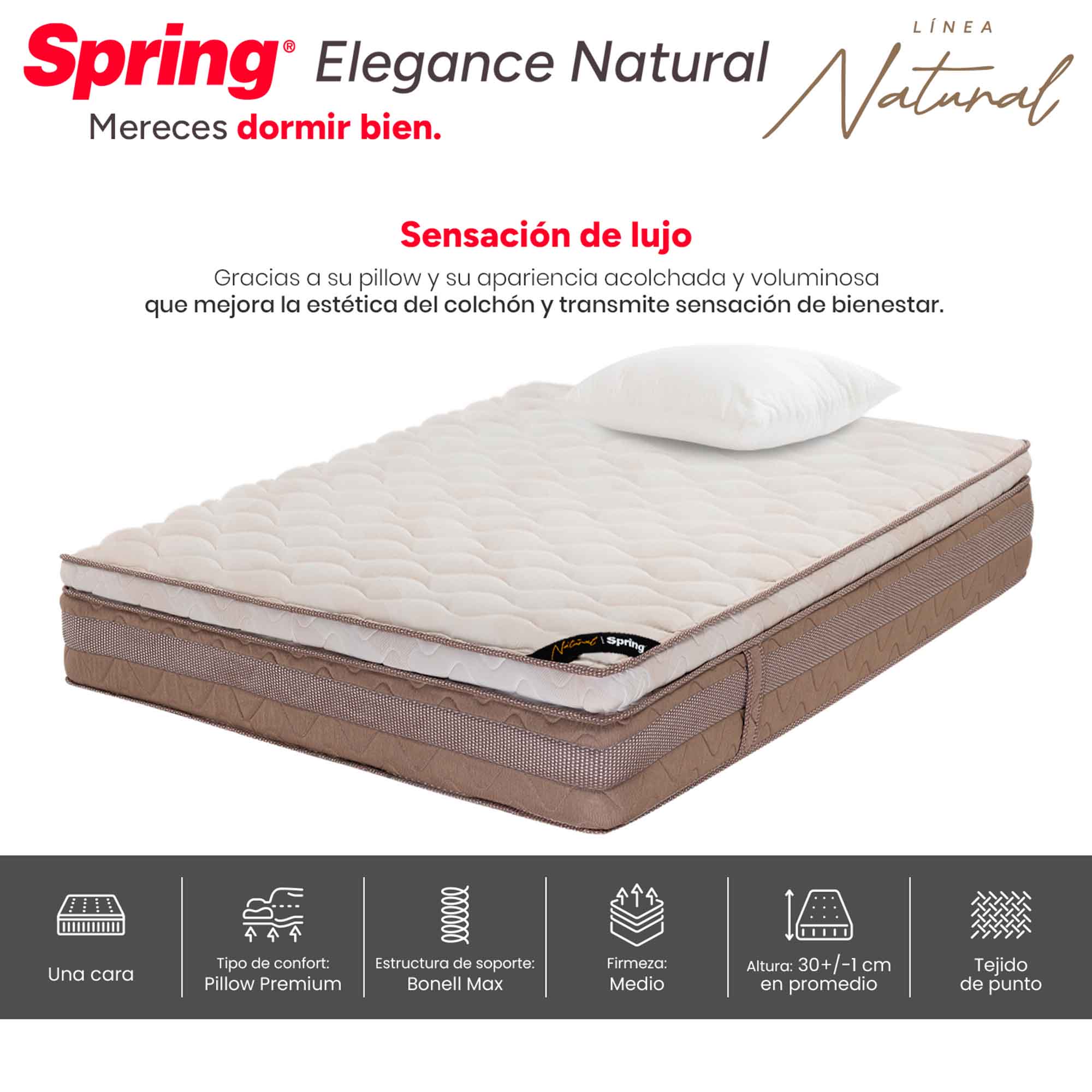 Colchón Spring Elegance Natural + Almohadas Set Siliconadas