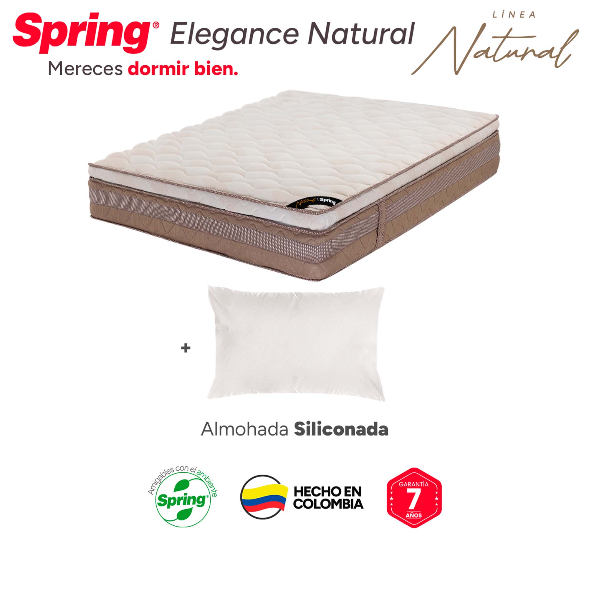 Colchón Spring Elegance Natural + Almohadas Set Siliconadas