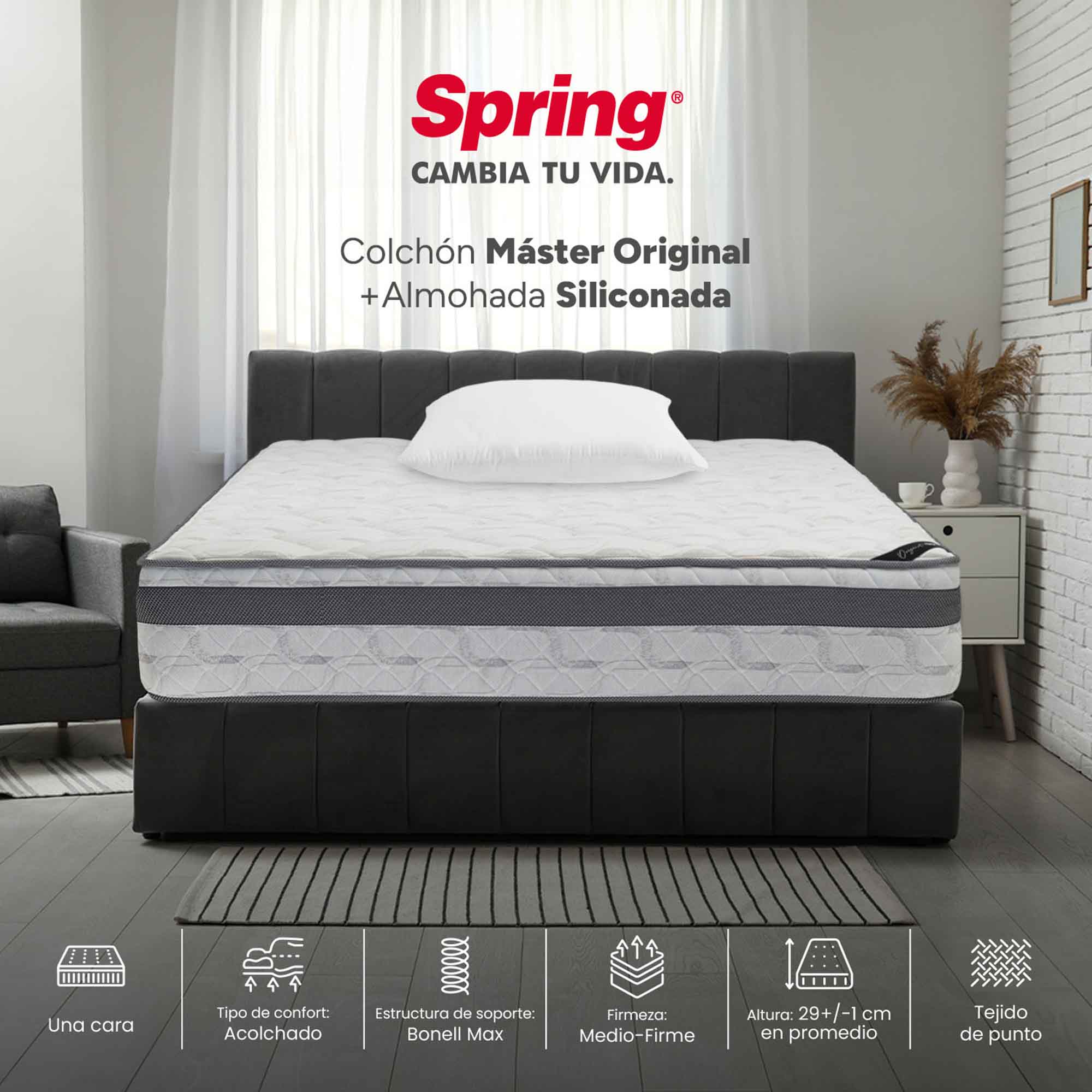 Colchón Spring Master Original + Almohadas Set Siliconadas