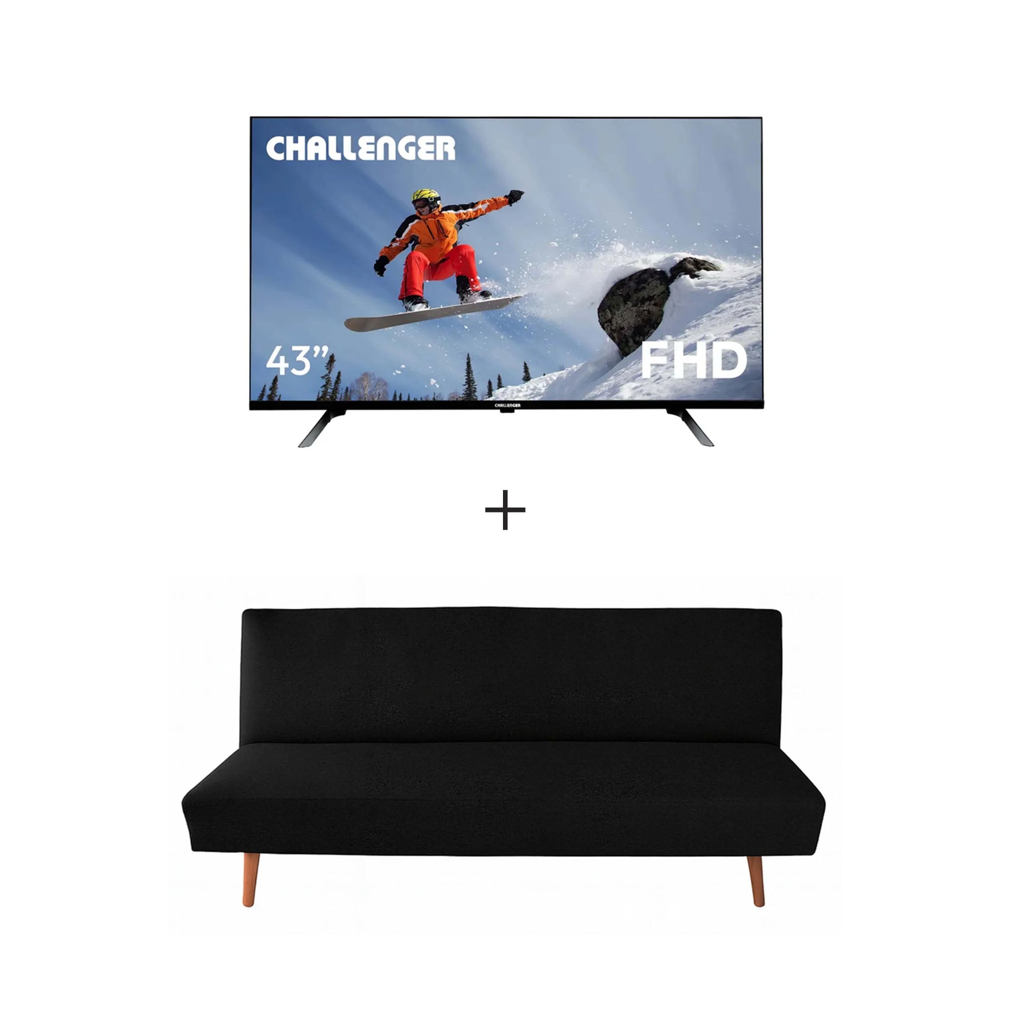 Combo Televisor 43 LED Full HD Google TV Challenger + Sofá Cama Dante Colmuebles