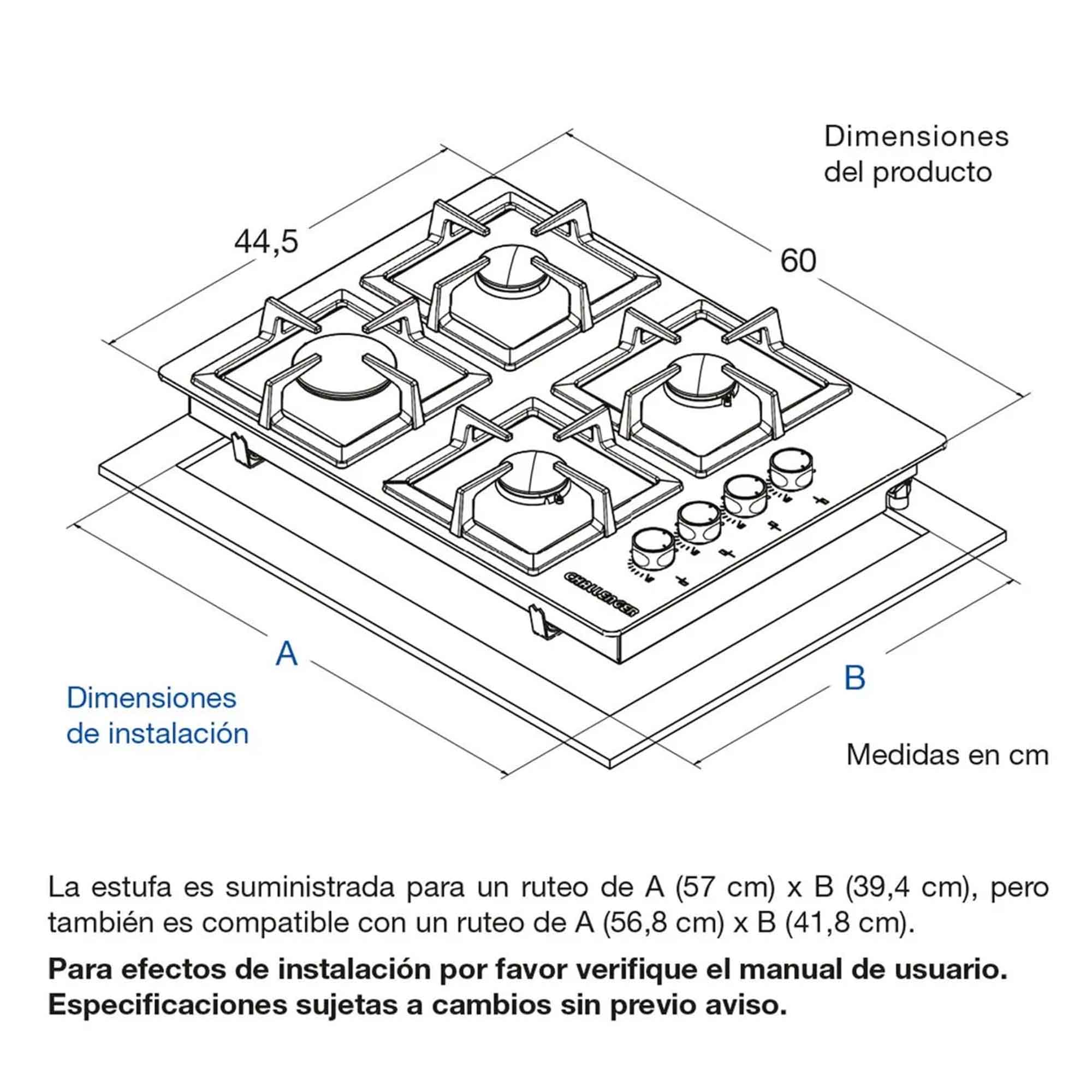 Estufa de Empotrar 60 cm 4 Pt Gas Natural Challenger SQ 6759 AE