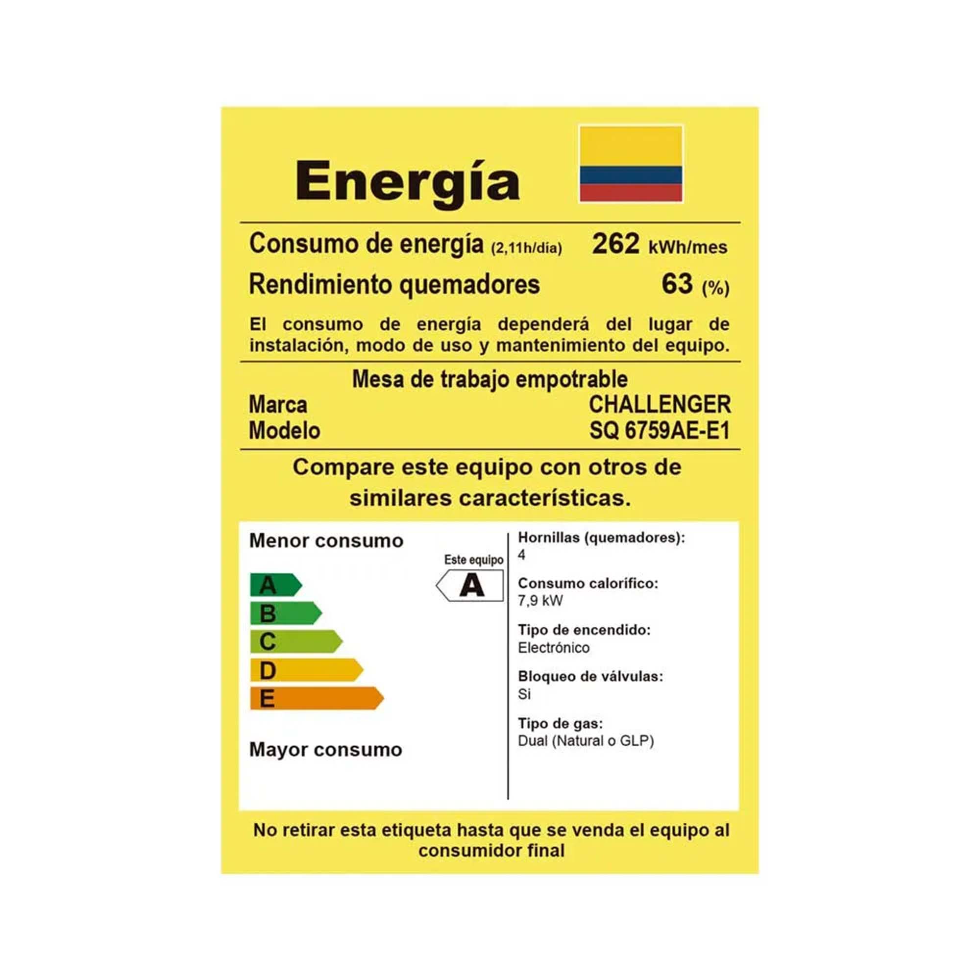 Estufa de Empotrar 60 cm 4 Pt Gas Natural Challenger SQ 6759 AE