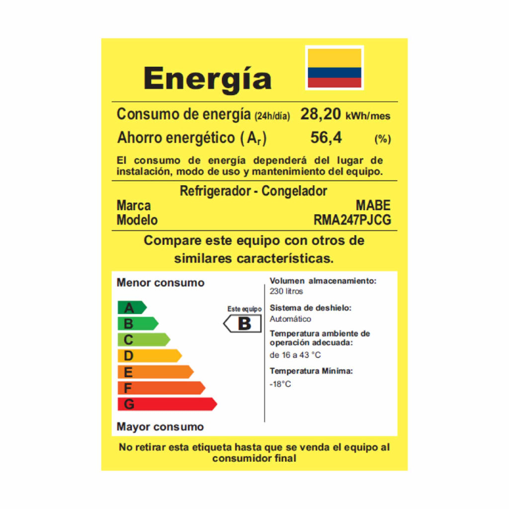 Nevera No Frost 247L Mabe RMA247PJCG