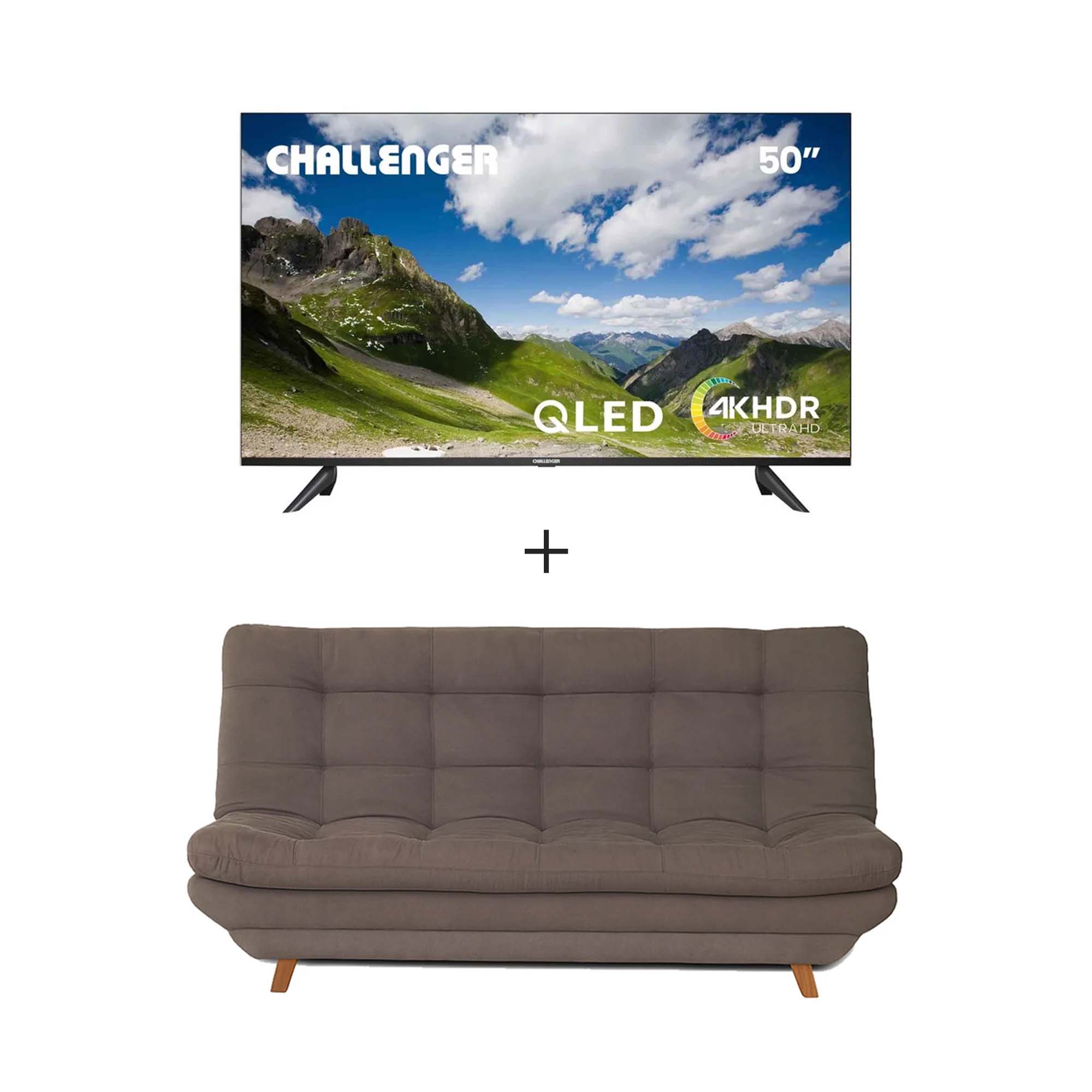 Combo Televisor QLED 50" Google TV Challenger + Sofá Cama Verona Colmuebles