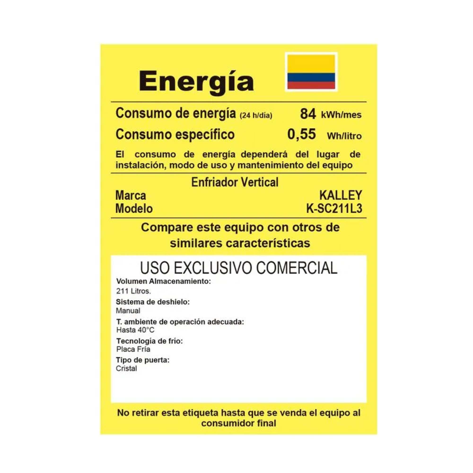Vitrina Refrigerada Vertical 211L Kalley K-SCH211