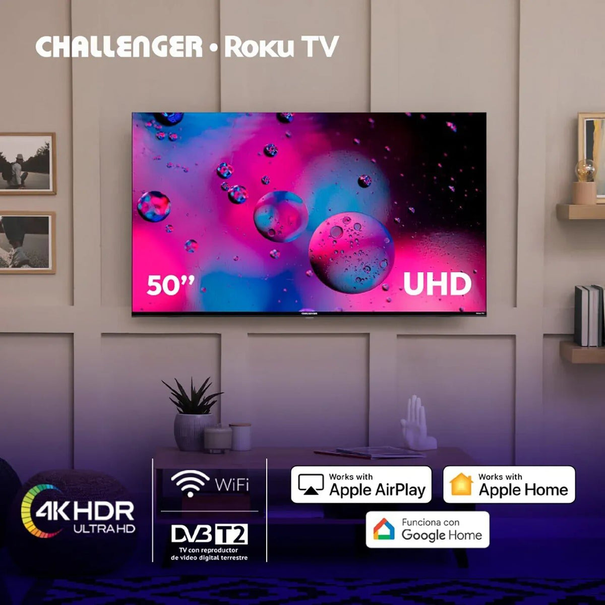 Televisor Challenger 50" 4K HDR en una sala, con WiFi, DVB-T2, Apple AirPlay, Apple Home y Google Home