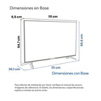 Medidas del televisor Challenger 50": 111 × 64,7 × 6,5 cm sin base y 111 × 69,6 × 30,1 cm con base
